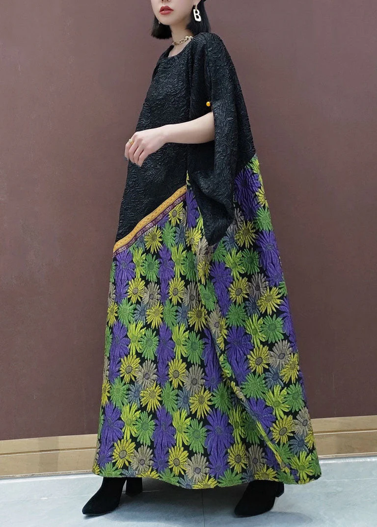 Plus size Black O-Neck Floral Long Dresses Cloak Sleeves - Image 3