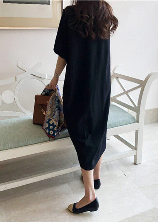 Plus Size Black O-Neck Linen Long Dress Batwing Sleeve - Image 5