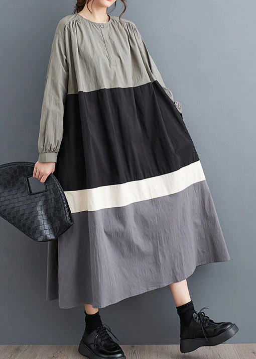 Plus Size Black O Neck Patchwork Cotton Long Dress Fall - Image 4