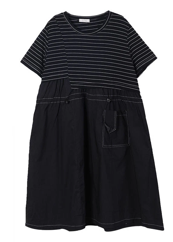 Plus Size Black O-Neck Patchwork Striped Cotton Long Dress Short Sleeve - Image 5