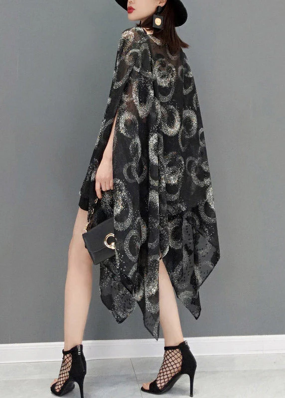 Plus Size Black O-Neck Print Chiffon Dress Batwing Sleeve - Image 4