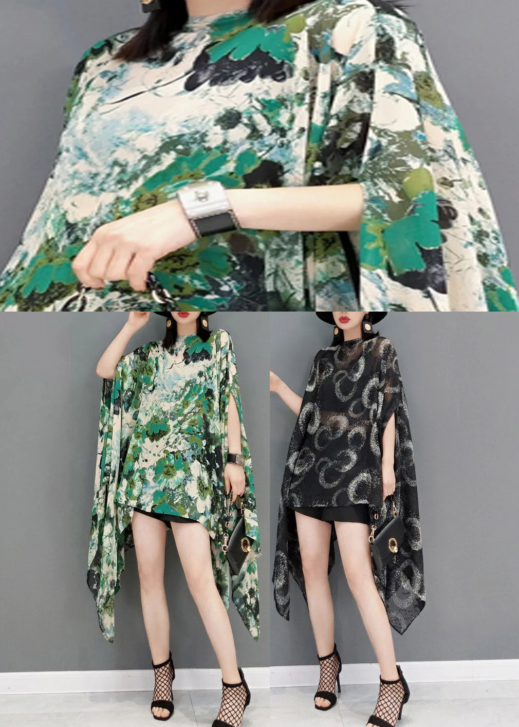 Plus Size Black O-Neck Print Chiffon Dress Batwing Sleeve - Image 5
