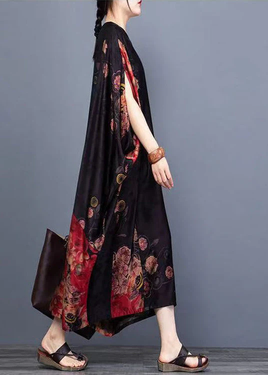 Plus Size Black O-Neck Print Chiffon Vacation Dresses Batwing Sleeve - Image 3