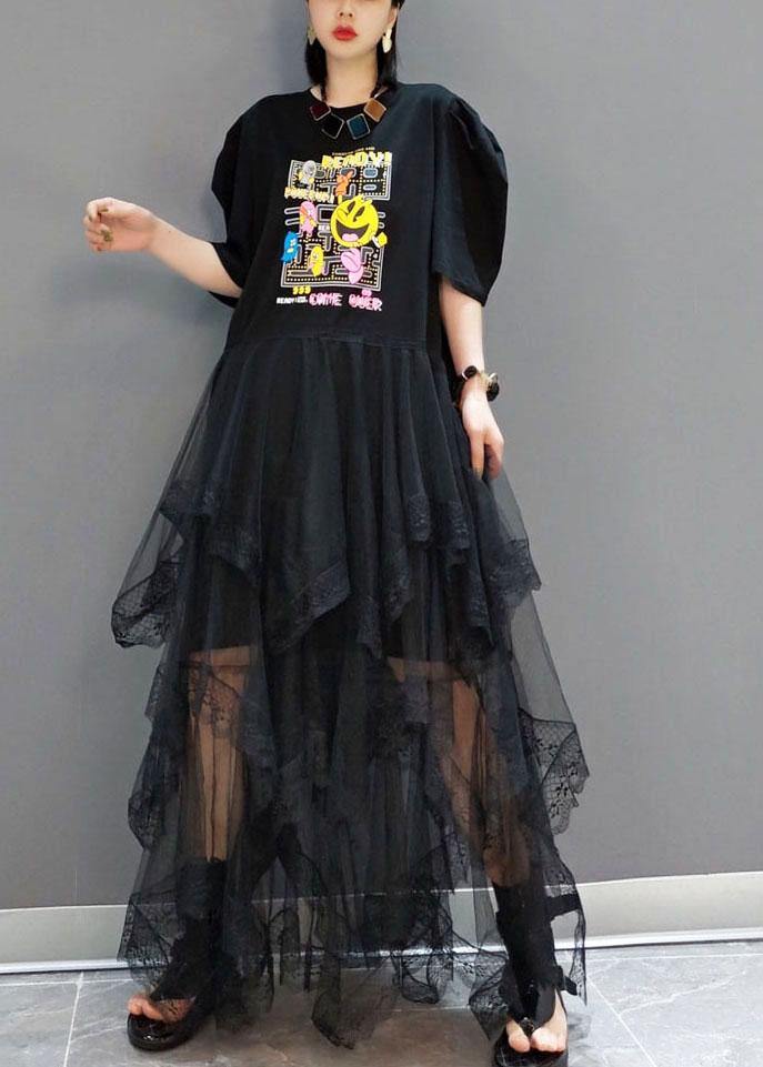 Plus Size Black O-Neck Print Half Sleeve Fall Dresses - Image 2