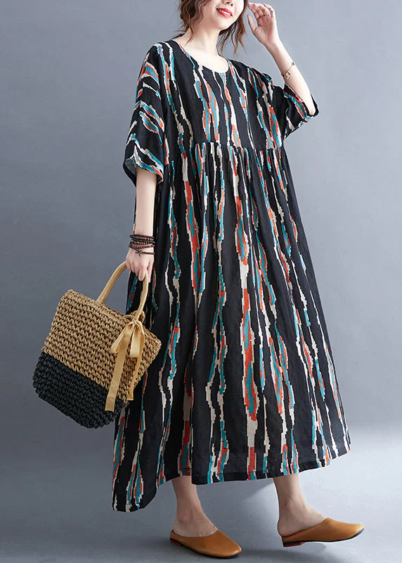 Plus Size Black O-Neck Print Long Dresses Half Sleeve - Image 3