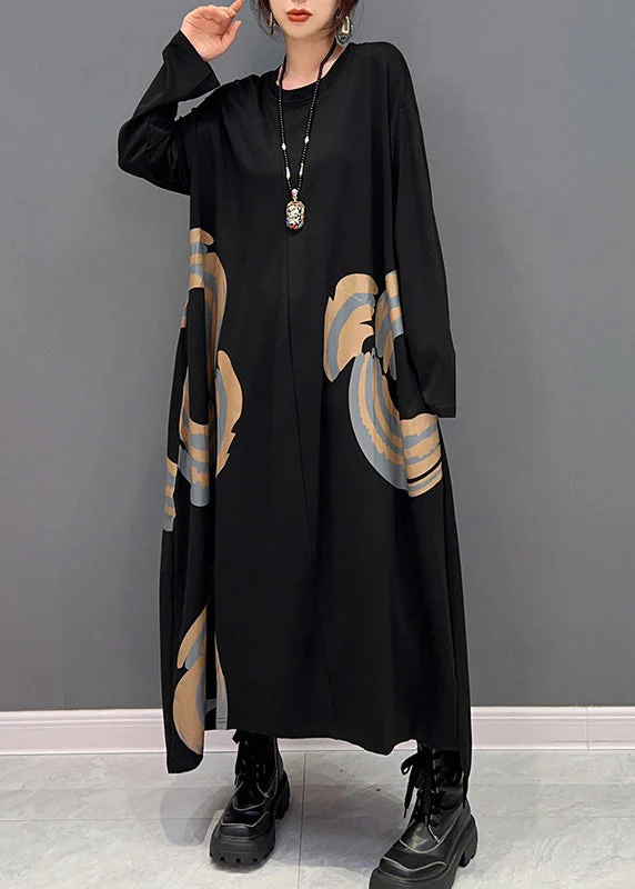Plus Size Black O-Neck Print Maxi Dresses Spring - Image 2