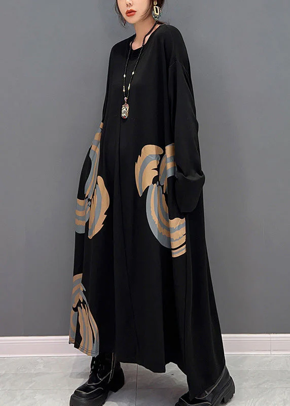 Plus Size Black O-Neck Print Maxi Dresses Spring - Image 3