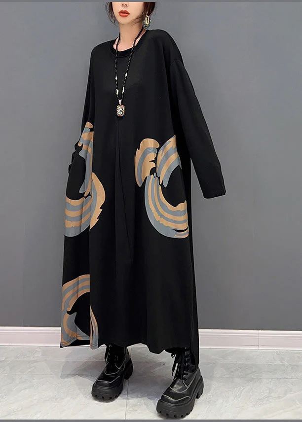 Plus Size Black O-Neck Print Maxi Dresses Spring - Image 4