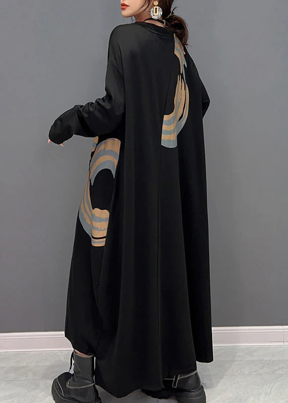 Plus Size Black O-Neck Print Maxi Dresses Spring - Image 5