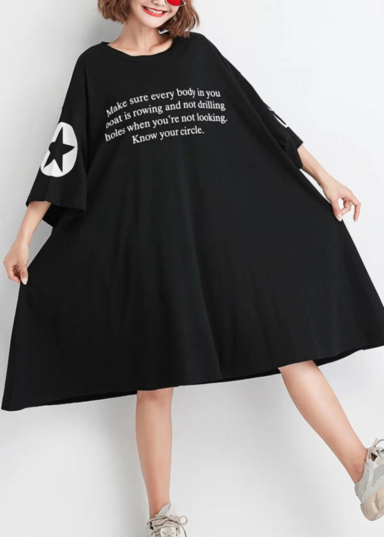 Plus Size Black O Neck Print Patchwork Cotton Dresses Half Sleeve - Image 2
