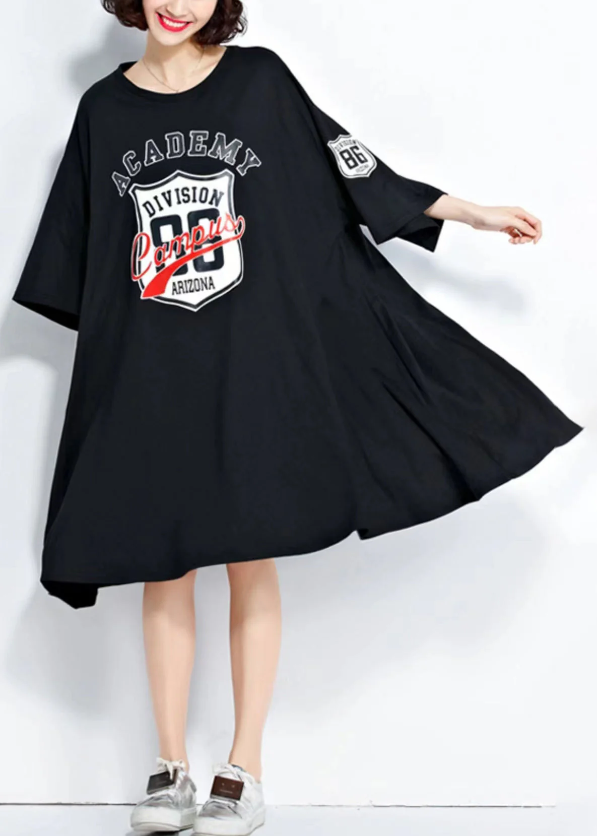 Plus Size Black O Neck Print Patchwork Cotton Mid Dress Summer - Image 3