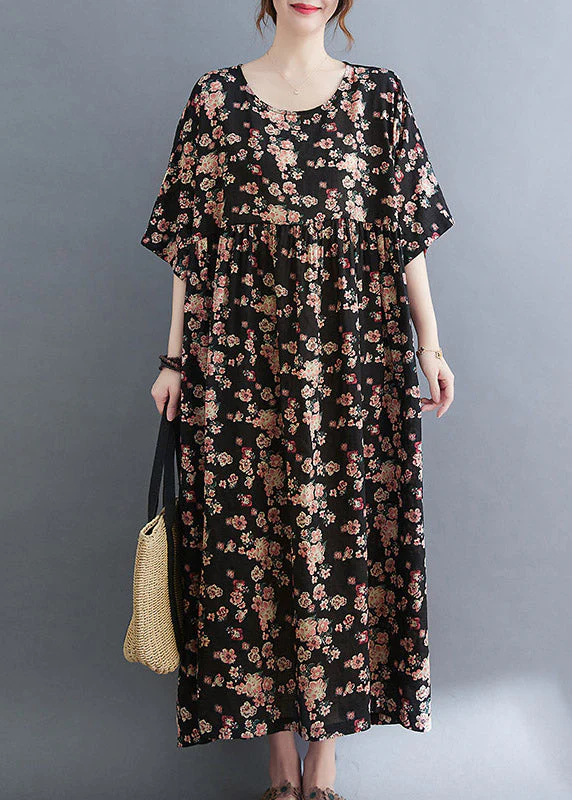 Plus Size Black O-Neck Print Pockets Extra large hem Long Dress Summer - Image 2