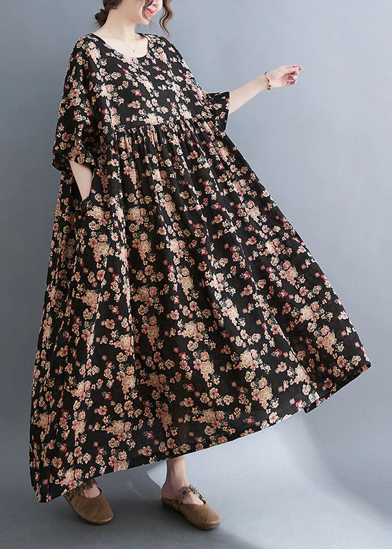 Plus Size Black O-Neck Print Pockets Extra large hem Long Dress Summer - Image 3