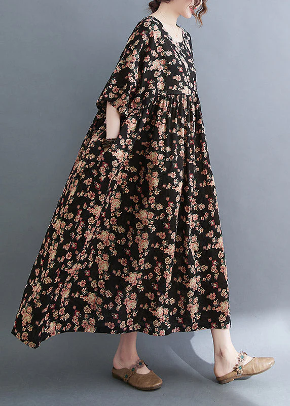 Plus Size Black O-Neck Print Pockets Extra large hem Long Dress Summer - Image 4