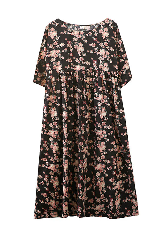 Plus Size Black O-Neck Print Pockets Extra large hem Long Dress Summer - Image 5