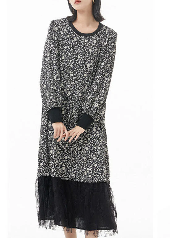 Plus Size Black O-Neck print tulle Patchwork Silk Party Dress Spring - Image 2