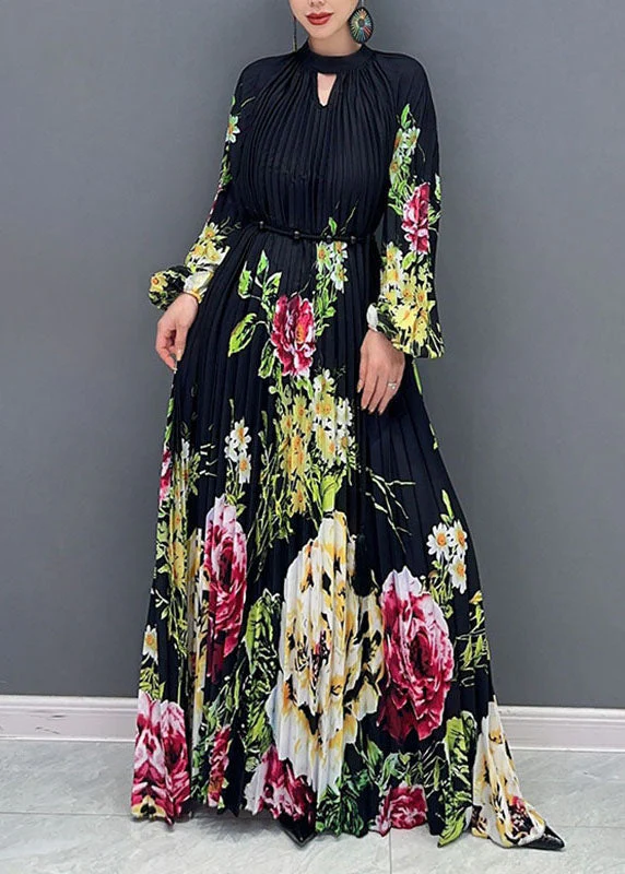 Plus Size Black O-Neck Print Wrinkled Long Dress Long Sleeve - Image 2