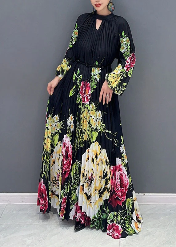 Plus Size Black O-Neck Print Wrinkled Long Dress Long Sleeve - Image 3