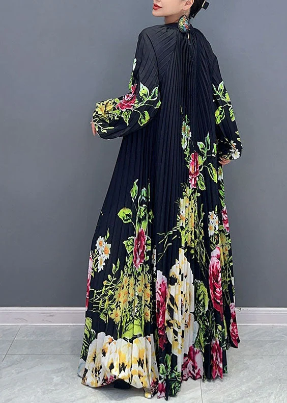Plus Size Black O-Neck Print Wrinkled Long Dress Long Sleeve - Image 4