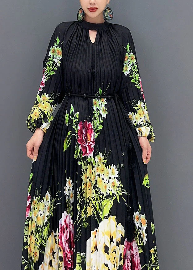 Plus Size Black O-Neck Print Wrinkled Long Dress Long Sleeve - Image 5