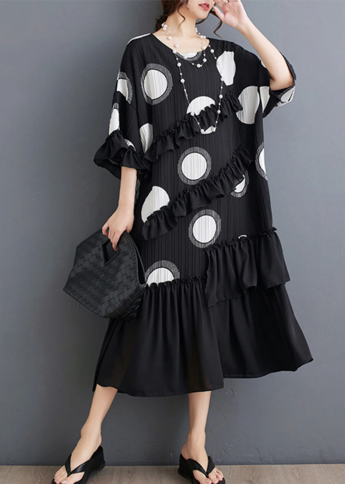 Plus Size Black O Neck Ruffled Patchwork Chiffon Dress Summer - Image 2