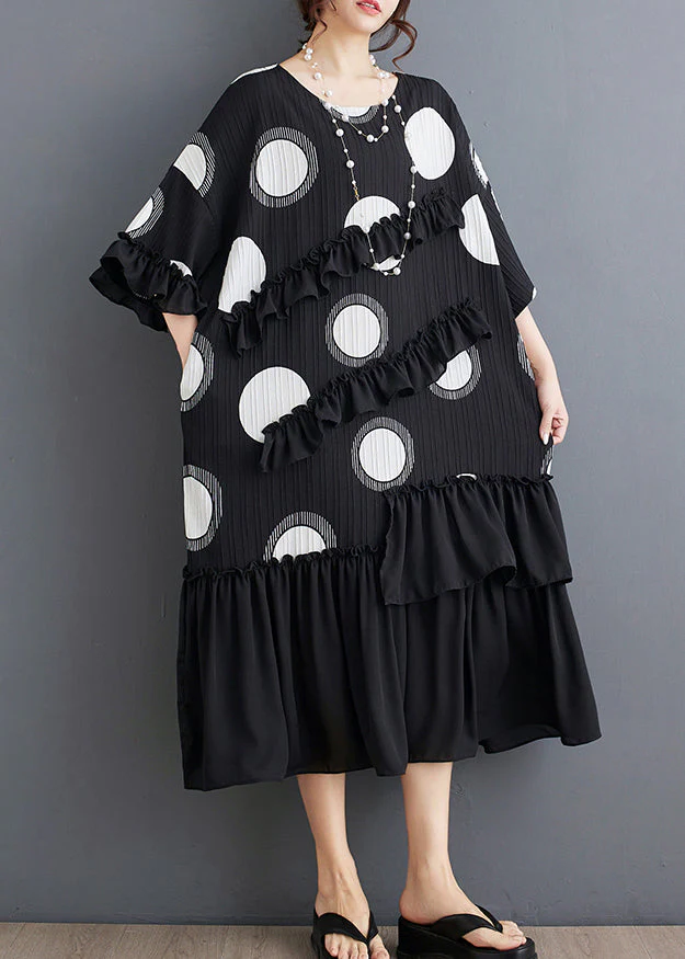Plus Size Black O Neck Ruffled Patchwork Chiffon Dress Summer - Image 3