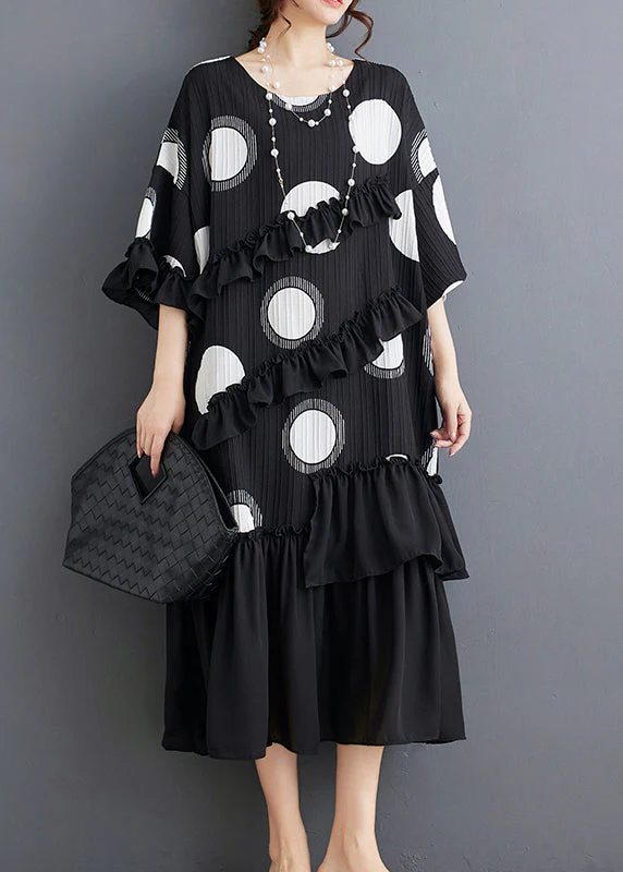 Plus Size Black O Neck Ruffled Patchwork Chiffon Dress Summer - Image 4