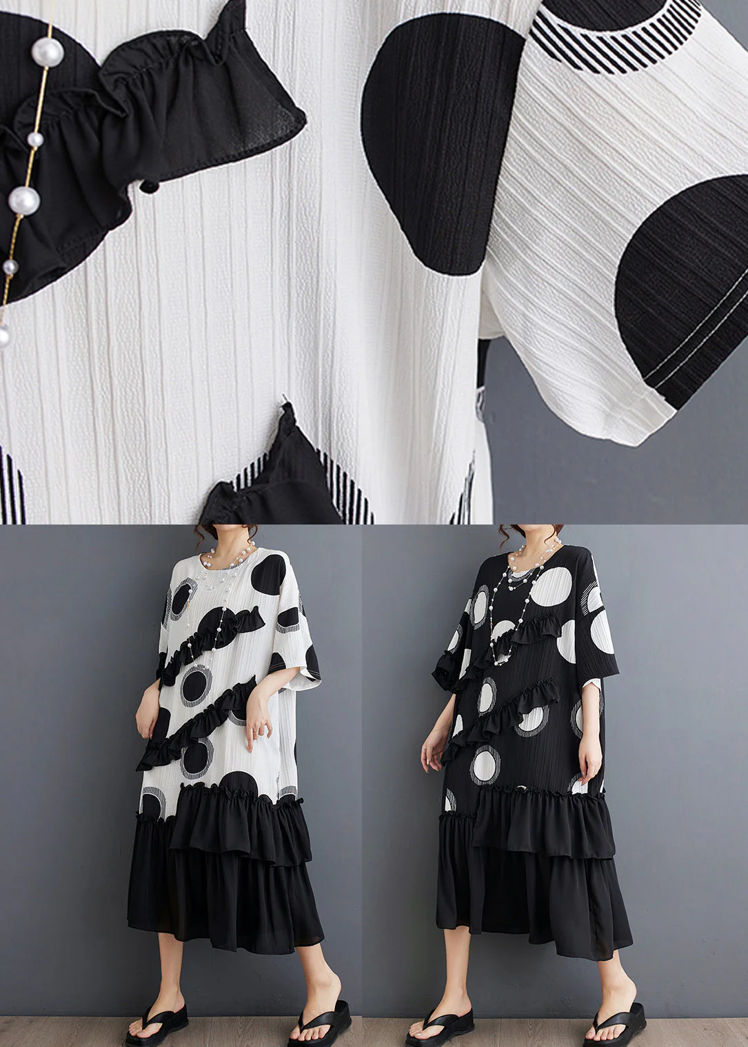Plus Size Black O Neck Ruffled Patchwork Chiffon Dress Summer - Image 5