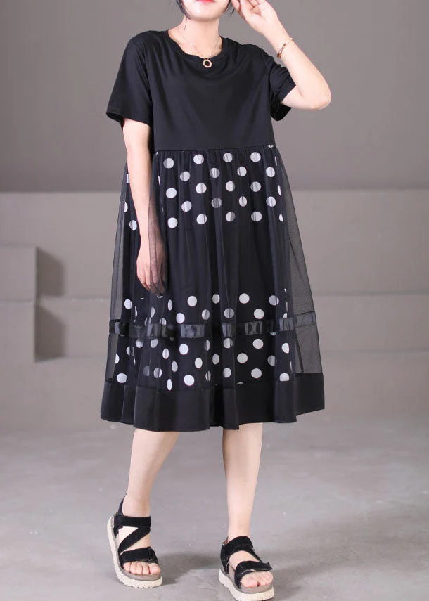 Plus Size Black O-Neck Tulle Patchwork Dot Print Cotton Maxi Dress Short Sleeve - Image 2
