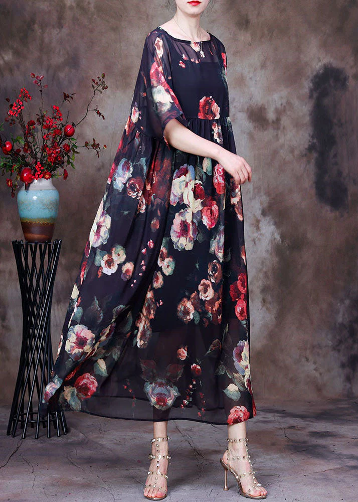 Plus Size Black O-Neck wrinkled Print Chiffon Beach Dress Two Pieces Set Summer - Image 2
