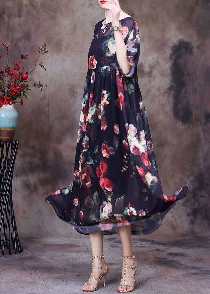 Plus Size Black O-Neck wrinkled Print Chiffon Beach Dress Two Pieces Set Summer - Image 3