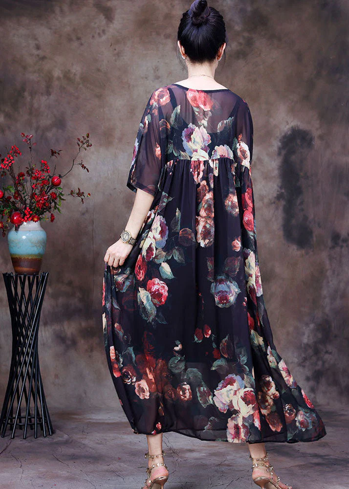 Plus Size Black O-Neck wrinkled Print Chiffon Beach Dress Two Pieces Set Summer - Image 4
