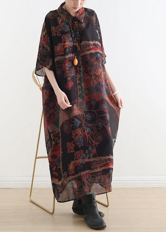 Plus Size Black Orange Peter Pan Collar Draping Print Chiffon Dresses Batwing Sleeve - Image 3