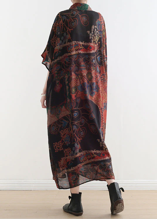 Plus Size Black Orange Peter Pan Collar Draping Print Chiffon Dresses Batwing Sleeve - Image 4