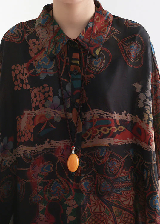 Plus Size Black Orange Peter Pan Collar Draping Print Chiffon Dresses Batwing Sleeve - Image 5