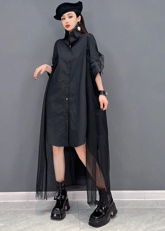 Plus Size Black Original Design Peter Pan Collar Tulle Patchwork Cotton Shirt Dresses Long Sleeve - Image 2