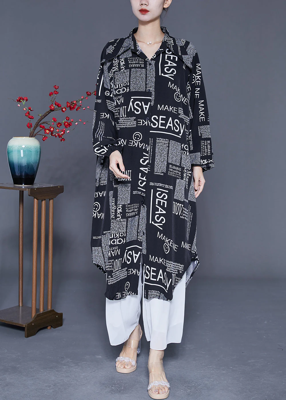 Plus Size Black Oversized Letter Print Chiffon Shirt Dresses Summer - Image 2