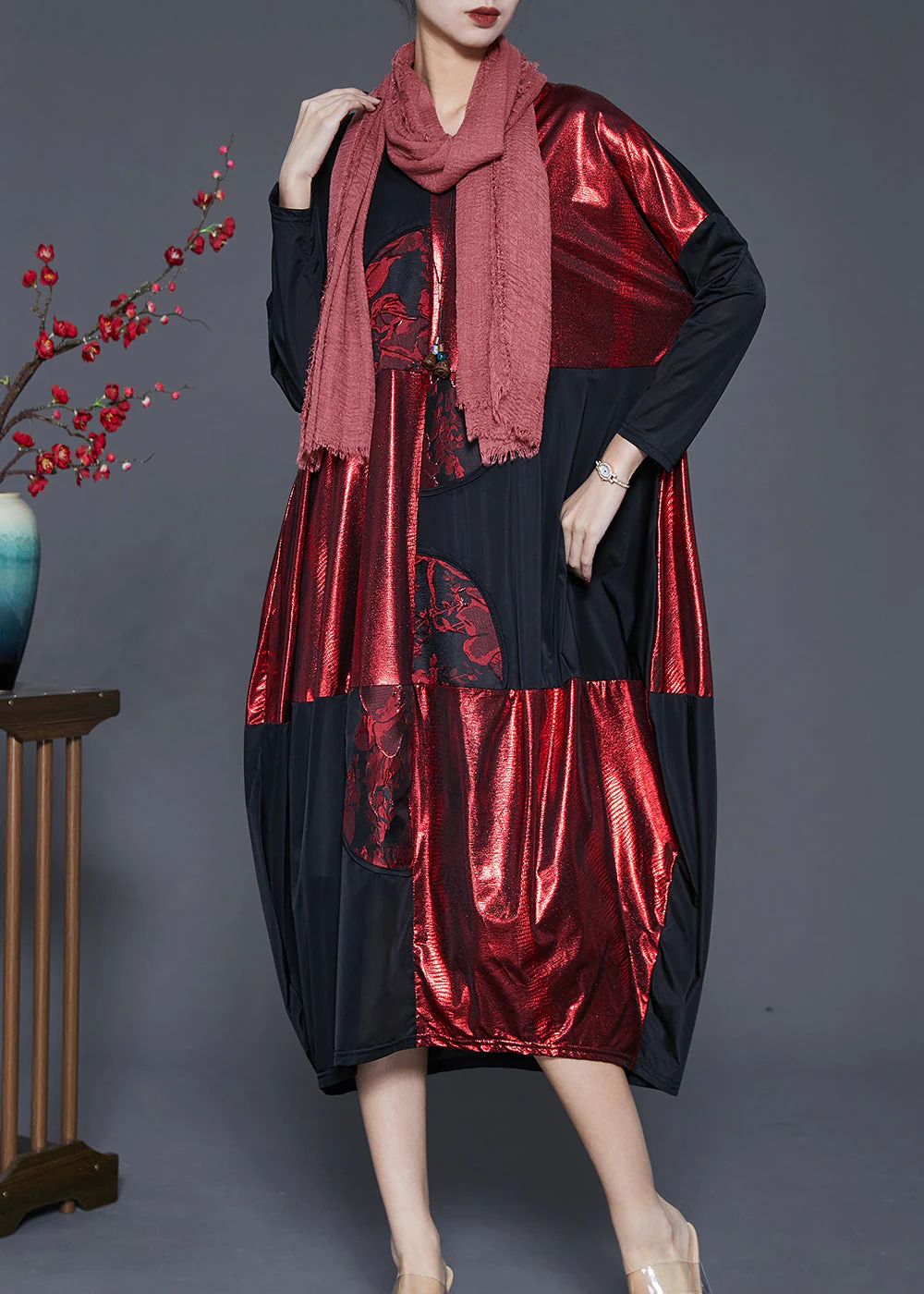 Plus Size Black Oversized Patchwork Silk Holiday Dress Spring - Image 2