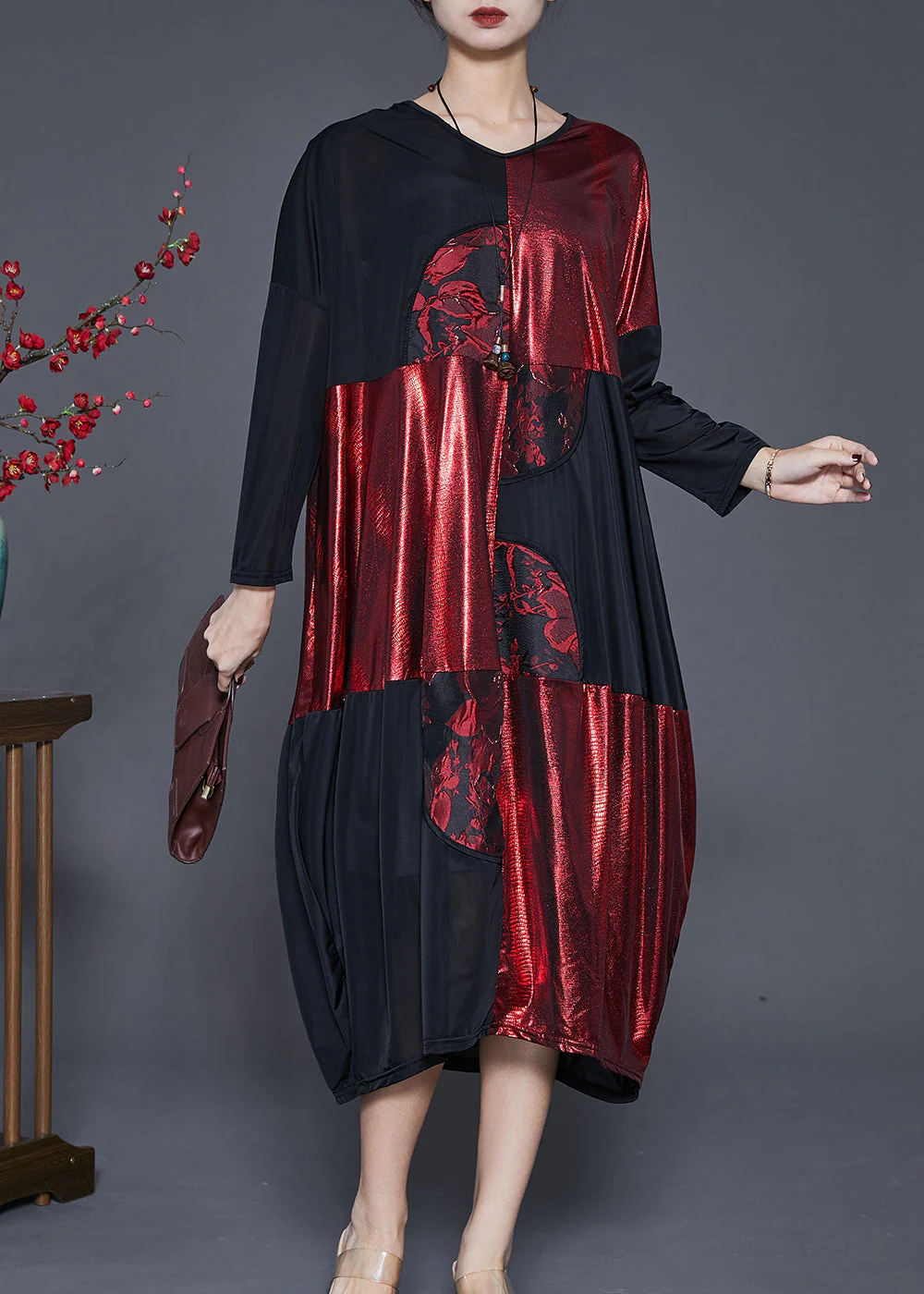Plus Size Black Oversized Patchwork Silk Holiday Dress Spring - Image 3