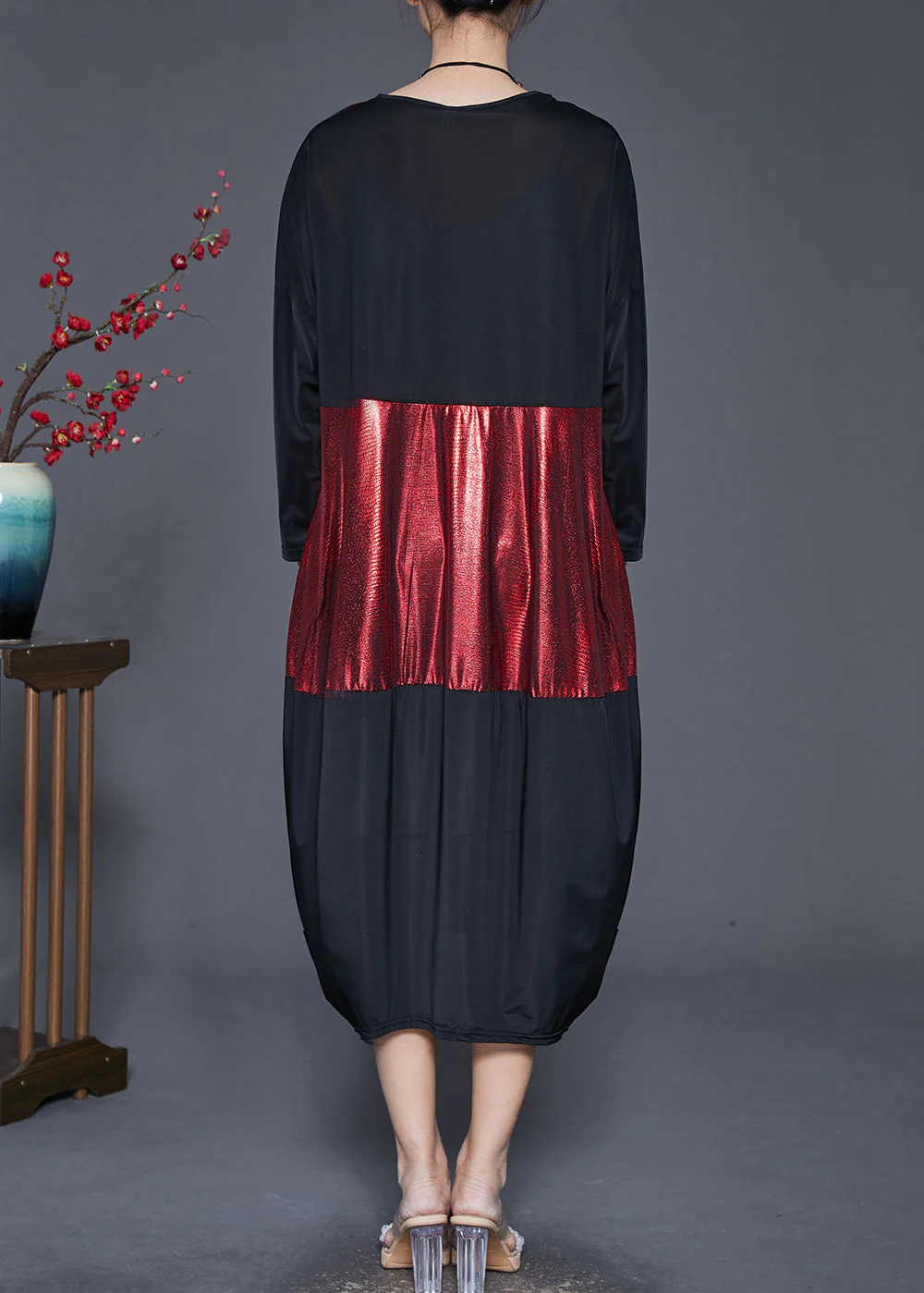 Plus Size Black Oversized Patchwork Silk Holiday Dress Spring - Image 4