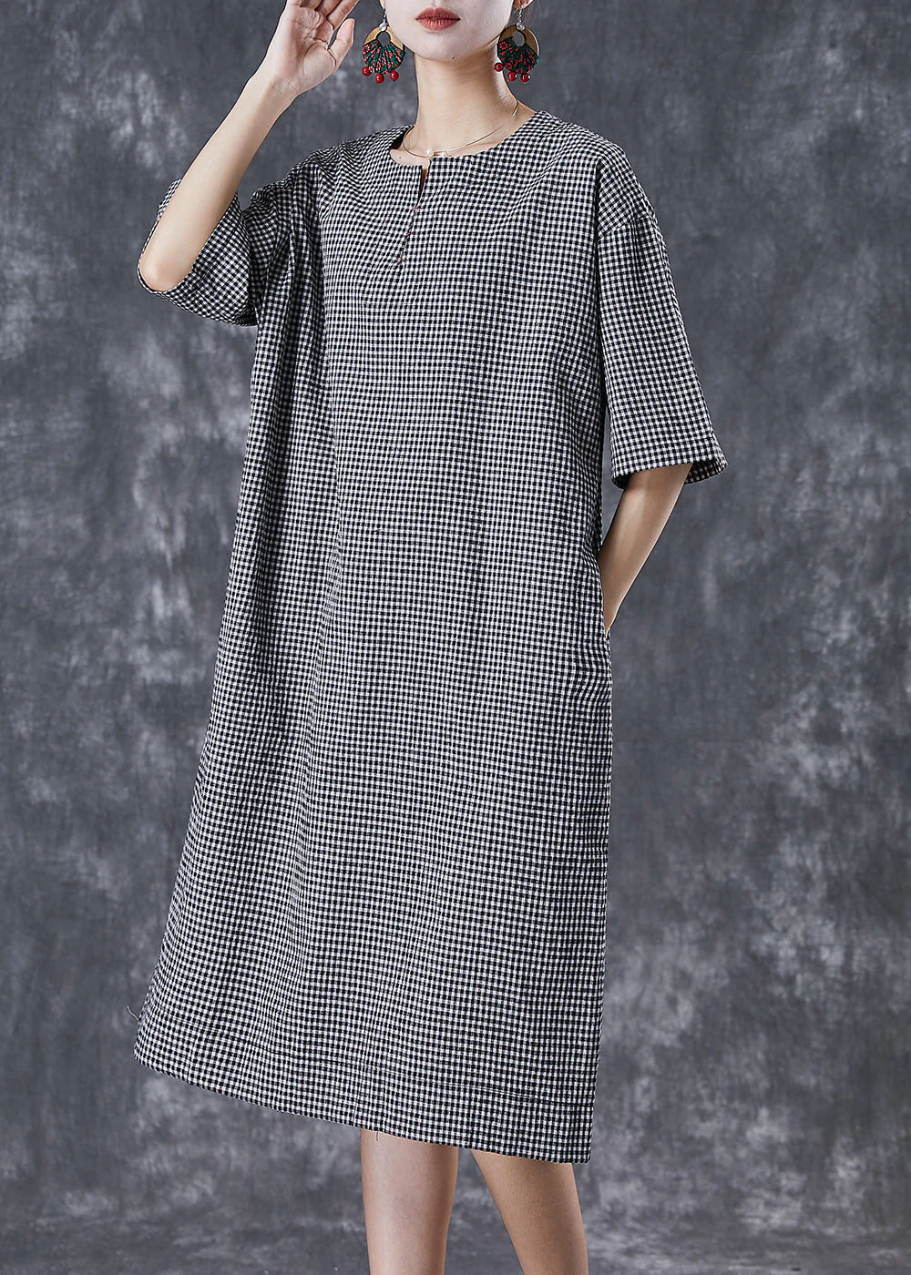 Plus Size Black Oversized Plaid Cotton Maxi Dresses Summer - Image 3