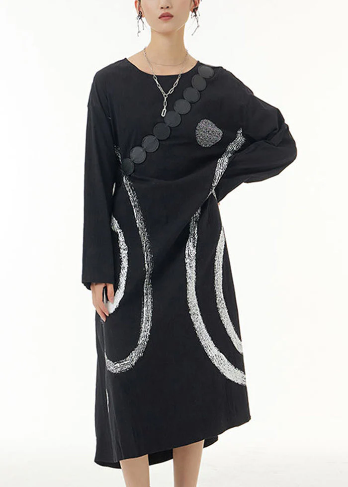 Plus Size Black Oversized Print Cotton Holiday Dresses Spring - Image 3