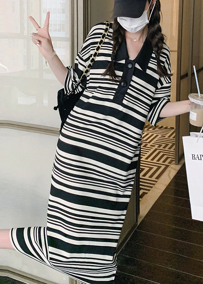 Plus Size Black Oversized Striped Cotton Dresses Summer - Image 2