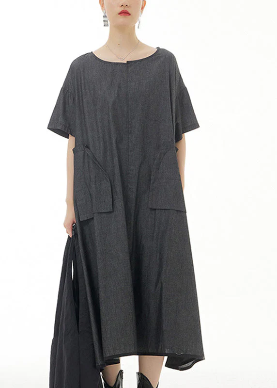 Plus Size Black Patchwork Solid Cotton Long Dress Summer - Image 2