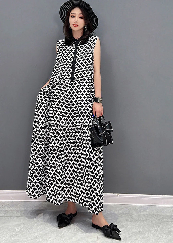 Plus Size Black Peter Pan Collar Print Button Pockets Dress Sleeveless - Image 2