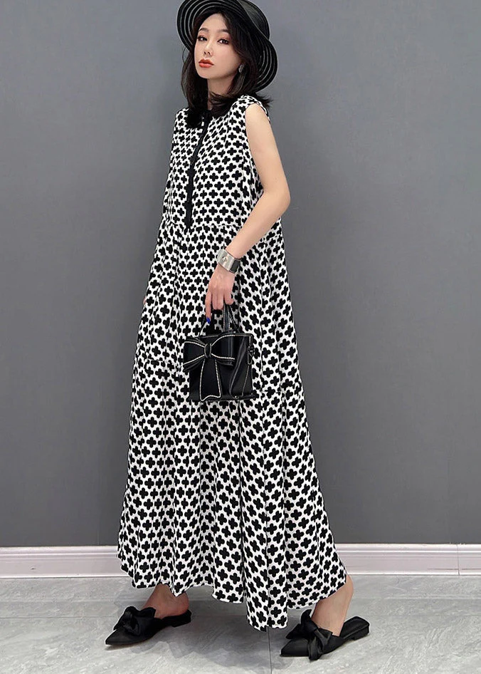 Plus Size Black Peter Pan Collar Print Button Pockets Dress Sleeveless - Image 3