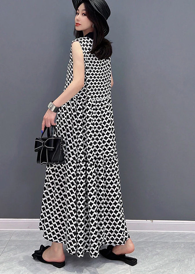 Plus Size Black Peter Pan Collar Print Button Pockets Dress Sleeveless - Image 4