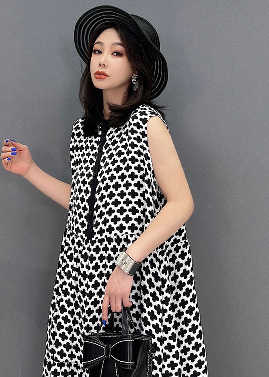 Plus Size Black Peter Pan Collar Print Button Pockets Dress Sleeveless - Image 5