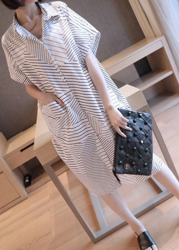 Plus Size Black Peter Pan Collar Striped Maxi Dresses Summer - Image 2
