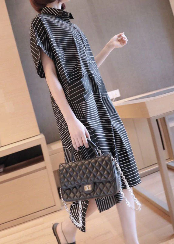 Plus Size Black Peter Pan Collar Striped Maxi Dresses Summer - Image 3